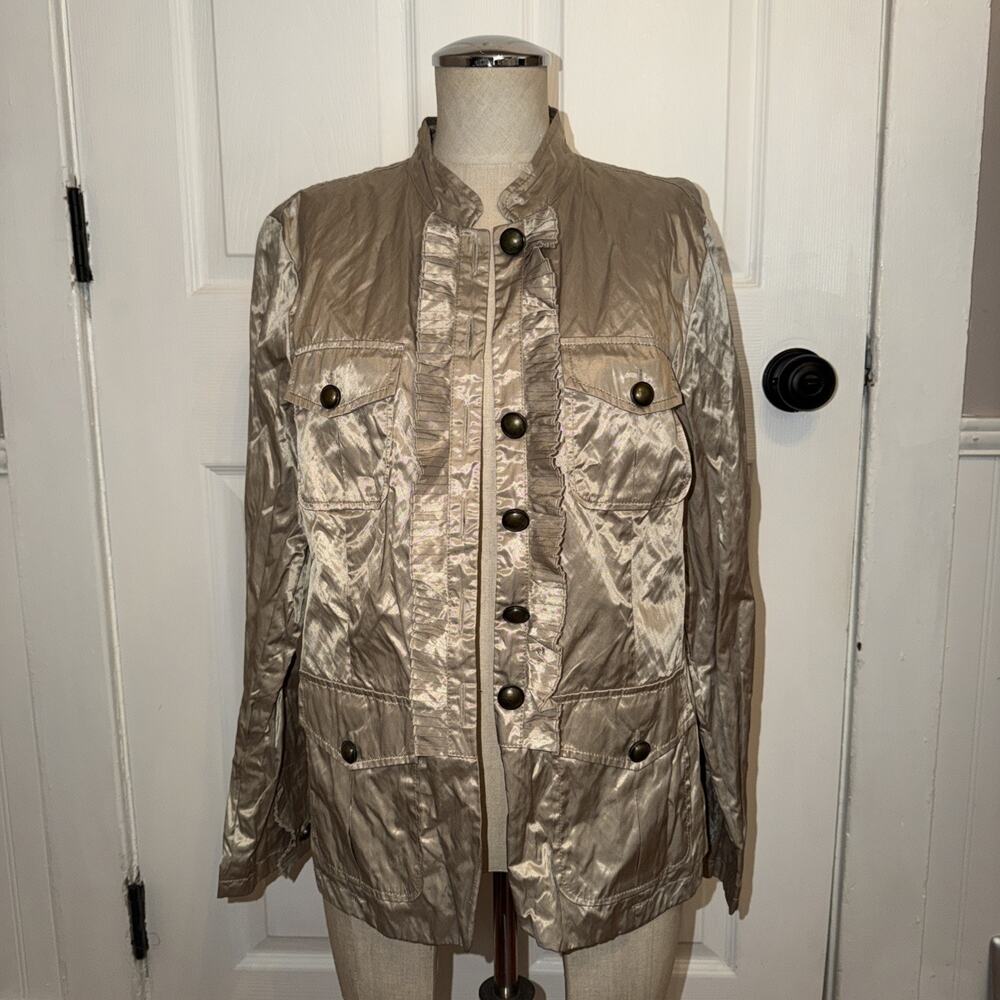 NEW Chico’s Rory Jacket Ruffle‎ Texture Khaki Size 2 US 12 *READ* Womens